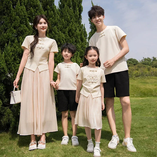 Mom Daughter Skirt Two Piece Sets Chinese Style Family Clothes Couple Matching Outfits Clothing for Women Dad Son T Shirts Suit