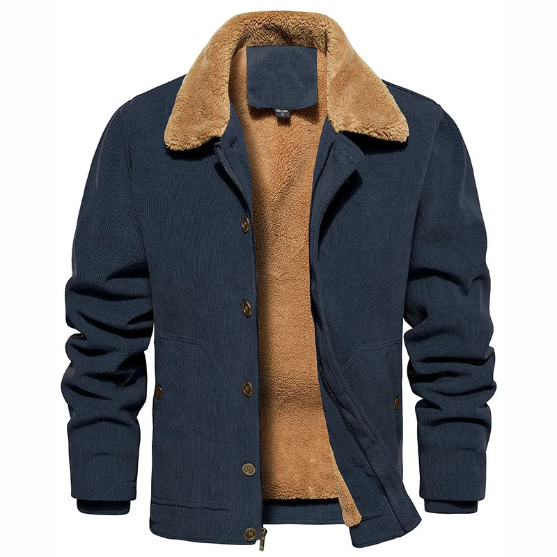 Men's Winter Corduroy Jacket Fleece Warm  Lined Cargo Work Jacket Casual Thick Sherpa Collar Trucker Deck Navy Coats