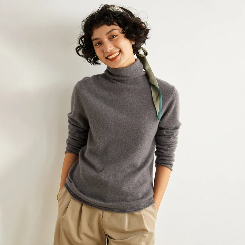 Women's 100% Cashmere Sweater Casual Solid Color Knitted Pullover Loose High Neck Jumper Autumn/Winter Warm Blouse Tops
