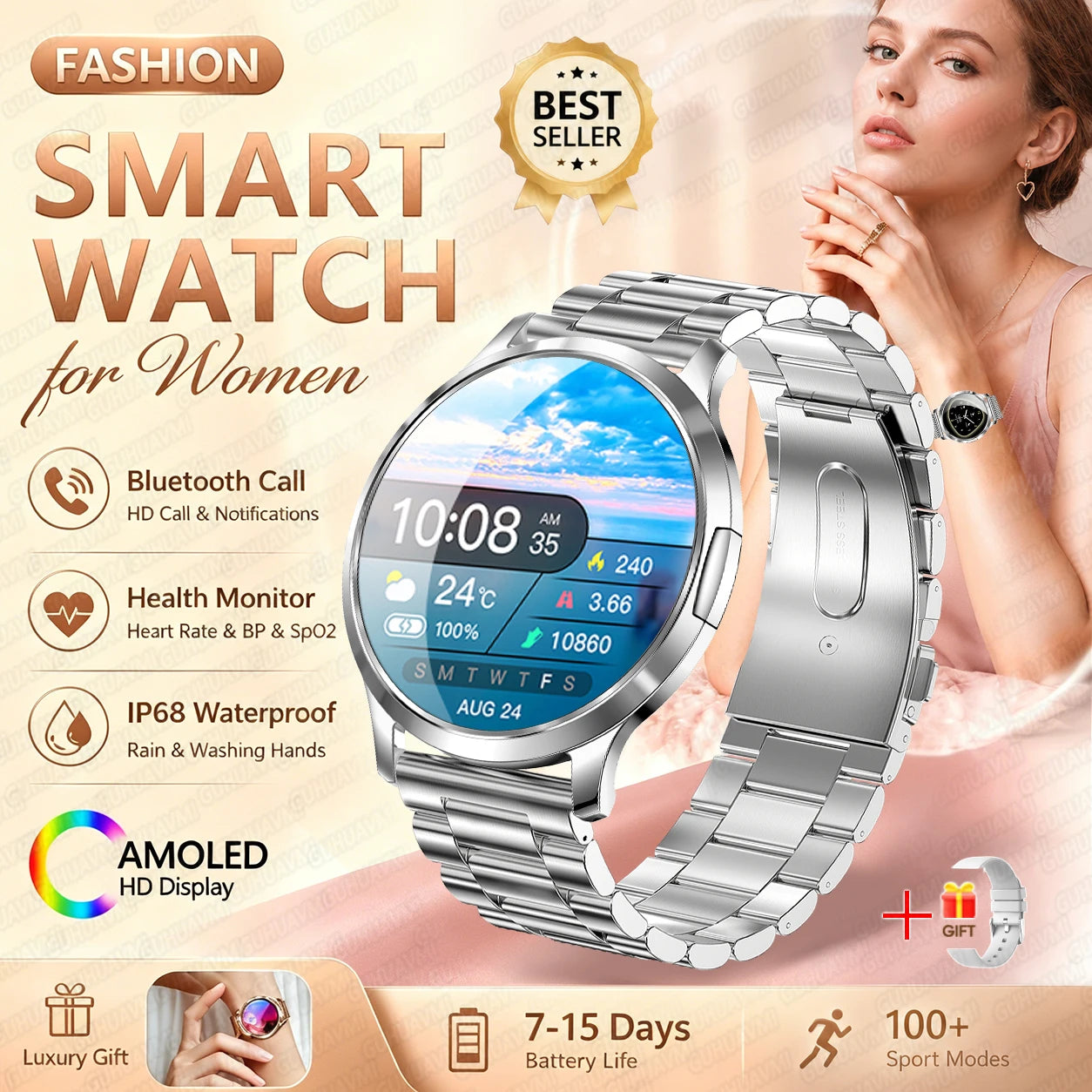 2026New Smart Watch 1.32”AMOLED Ultra-thin Display 100+Sports modes Blood Pressure Waterproof Bluetooth call Bracelet Women Gift