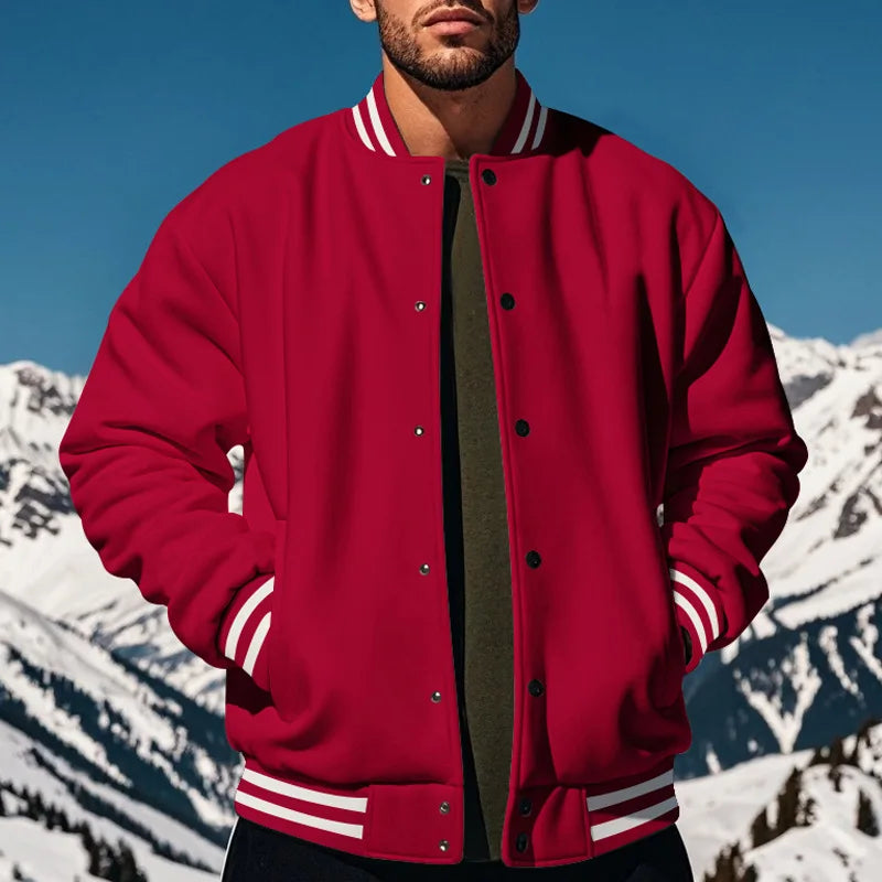 Men's baseball jacket autumn and winter fleece American solid color loose casual stand-up collar single-breasted flight jacket