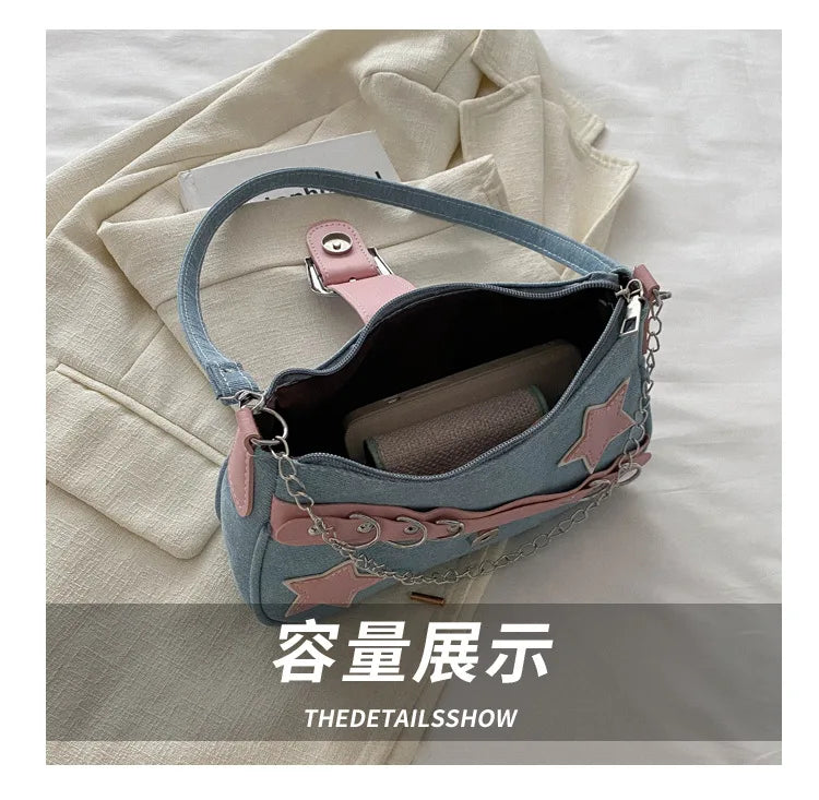 Y2k Hot Girls Denim Shoulder Bags Retro Rivet Star Women's Underarm Bag Portable Female Chain Armpit Bag Small Purse Handbags