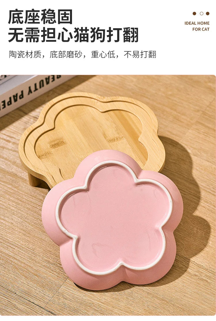 High Aesthetic Ceramic Pet Bowl with Wood Stand, Shallow Dish for Cat Snacks, Cute Bow Knot Pattern, Cat Food Dish,Home Kitchen