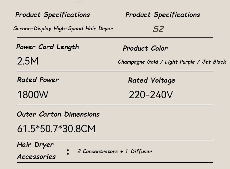 High-speed hair dryer with LCD display, 110000RPM, negative ion, T-shaped, lightweight, brushless motor, quick-drying, low noise
