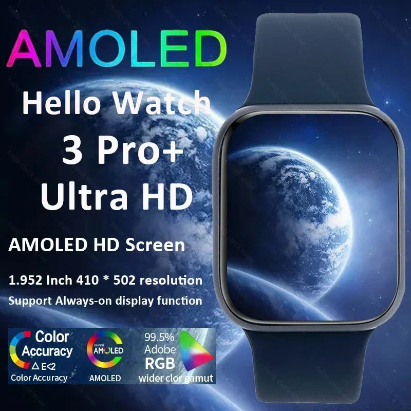 2024 New Smart Hello Watch 3 Pro Plus Series 9 45mm AMOLED 4G ROM NFC Compass Clock Bluetooth Call Smartwatch Men Women For IOS