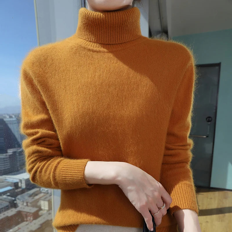 100% Mink Cashmere Top-Lapel Women Sweater Long-sleeves Fashion High-elasticity Sexy Winter Knitted Pullover Girl Tops 2024