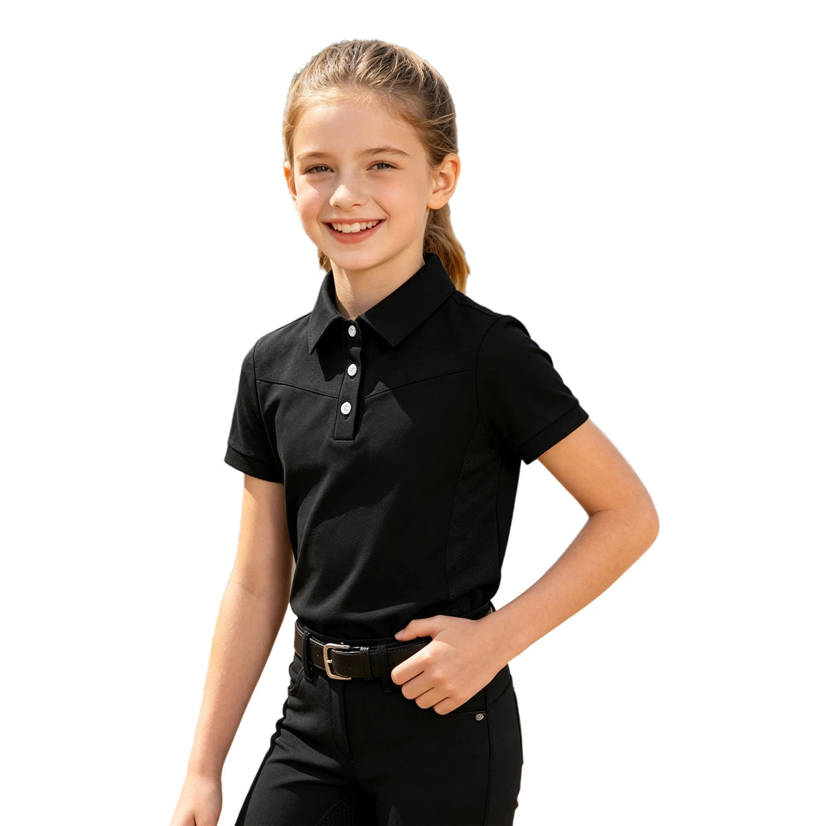 Kids Girls Horse Riding Shirts Short Sleeve Turn Down Collar Buttons T-shirt Closure Design Equestrian Costumes Sports Tops