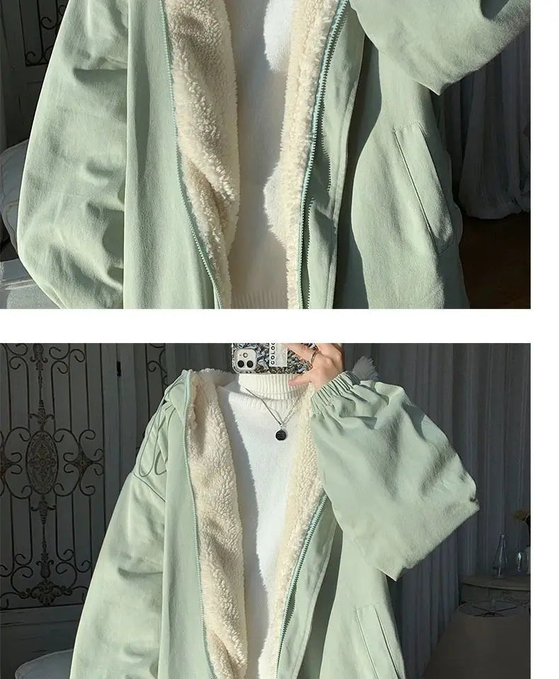 Lamb wool Jacket Women's 2025 Autumn winter New Korean version Loose Workwear Student cotton Jackets Female Hooded Warm Coat