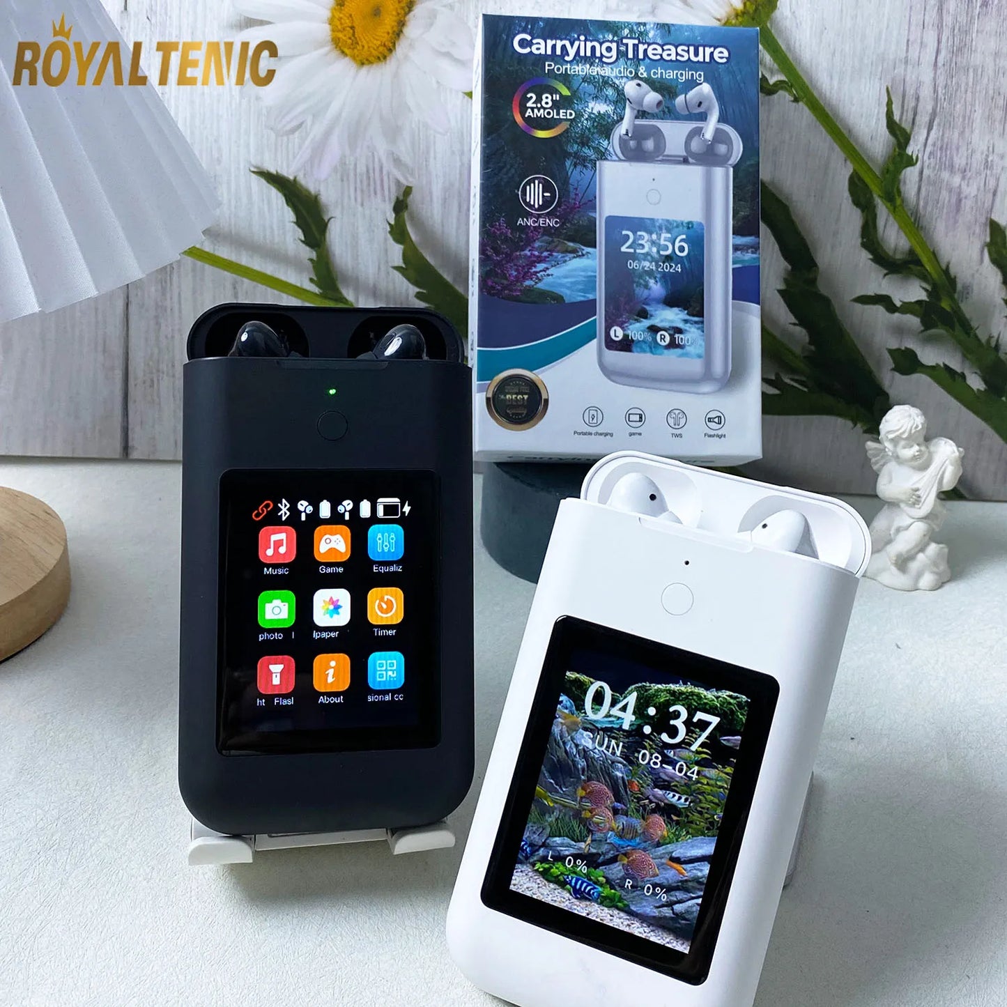 2in1 HiFi Stereo Earbuds Power Bank with 2.8" Touch Screen TWS Bluetooth Headphones 8000mAh Charging Case With Mic APP Control