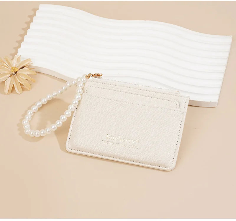 Fashionable Womens Card Case Ins Trend High Class Pearl PU Small Purse