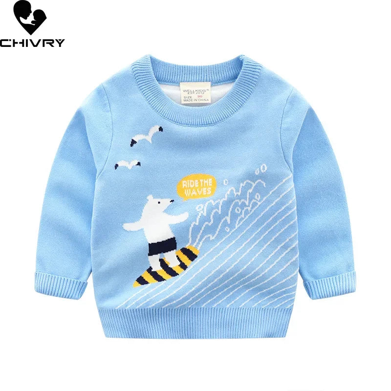 Jersey para niños, suéter de Otoño Invierno para niños, bonitos dibujos animados de Jacquard, cuello redondo, Jersey de punto, suéteres, Tops, ropa