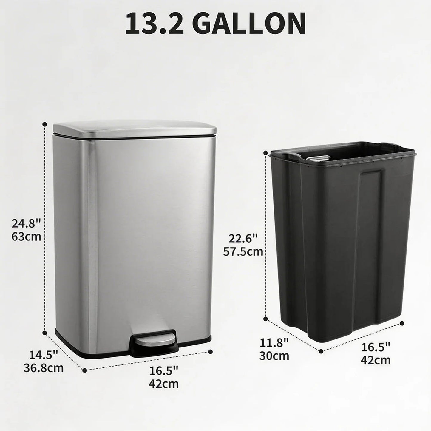 Fingerprint-Proof 13 Gal Pedal Trash Bin Stainless Steel Kitchen Wastebasket Removable Liner Quiet Lid For Office Garage