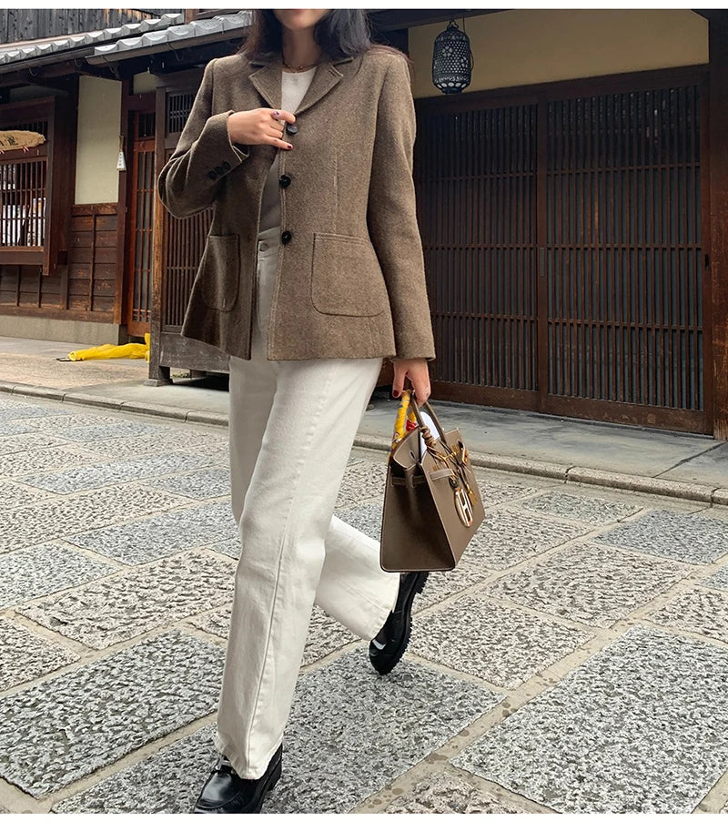 50 Wool Women Notched Collar Blazer Jacket Coat Fall Winter Thick Warm Overcoat Pocket Fashion Slim Waist Buttons Coat 2024 New