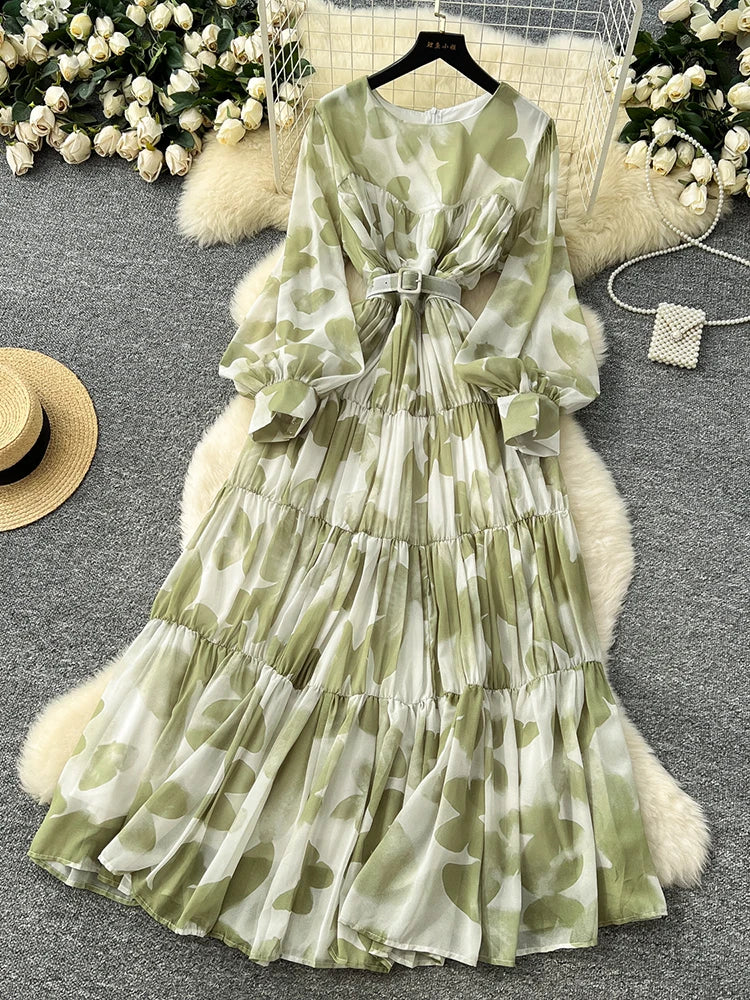 Spring Summer Women's Long Sleeved Printed Large Swing Dress New French Fashion Beach Style Cinched Round Neck Long Dress Y01