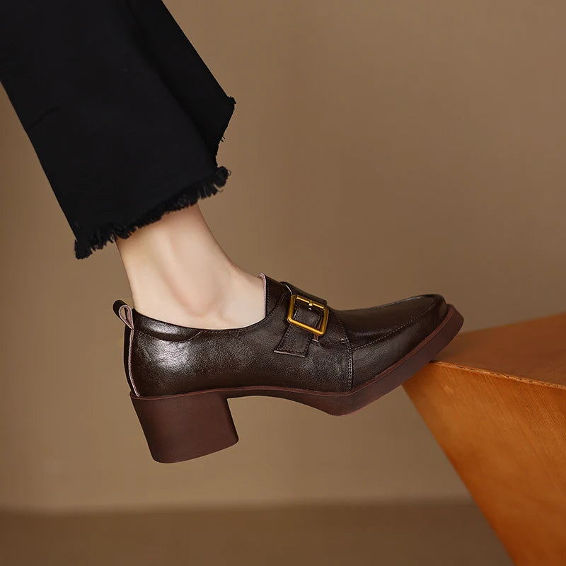2026 New Women Pumps Pointed Toe Women Shoes Chunky Heel Loafers Fashion High Heels Split Leather Ladies Shoes Big Size 43