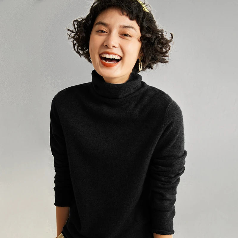 Women's 100% Cashmere Sweater Casual Solid Color Knitted Pullover Loose High Neck Jumper Autumn/Winter Warm Blouse Tops