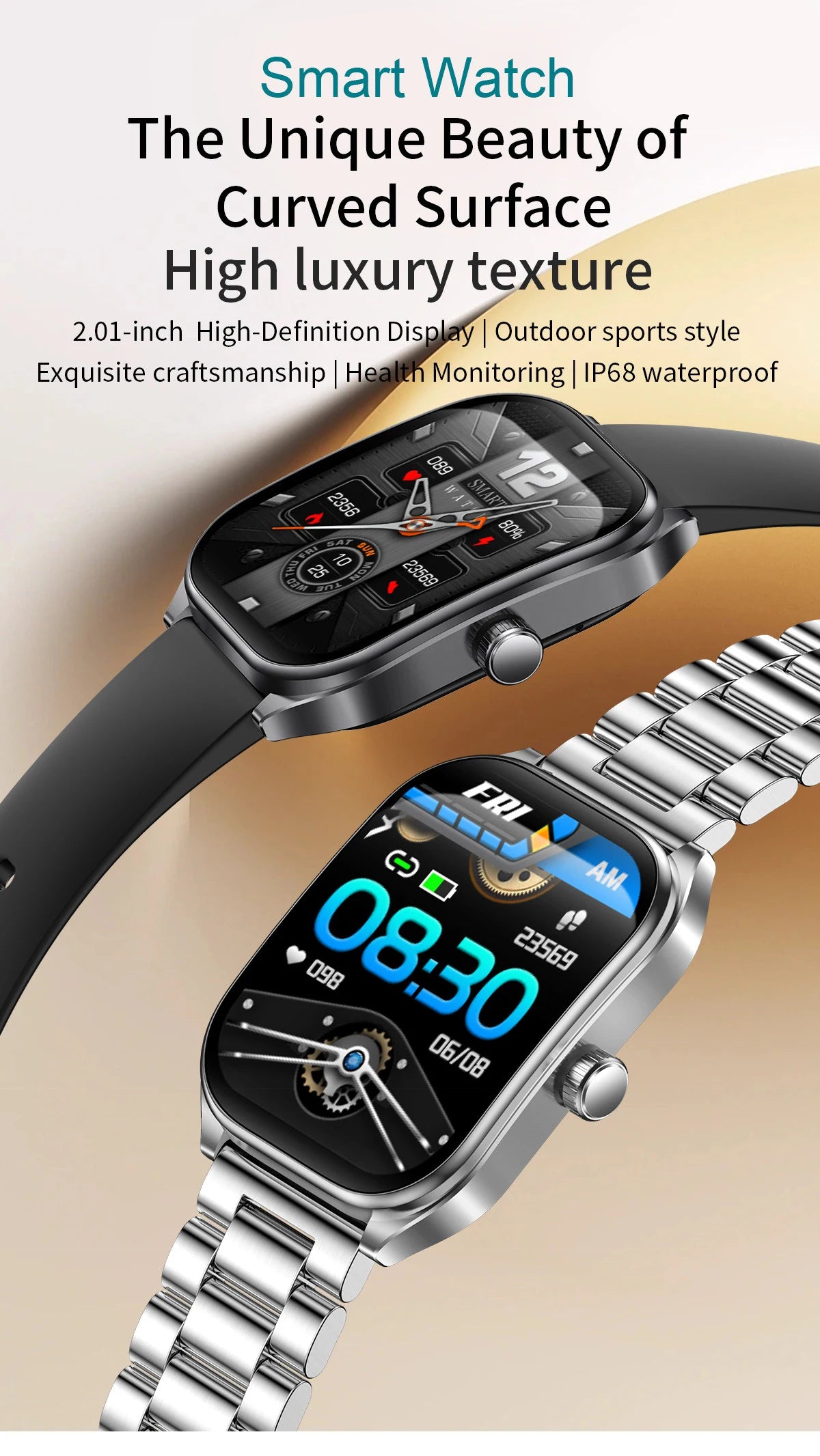 2.01-inch Curved Screen Smart Watch Bluetooth Call Sports Waterproof Fitness Bracelet Wristwatch Clock Smartwatch for Men Women