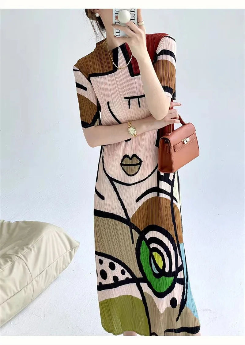 Long Dresses Womens Dresses Spring and Summer new Cartoon Printing Short Sleeve Temperament Fashion Loose Long Dress Female