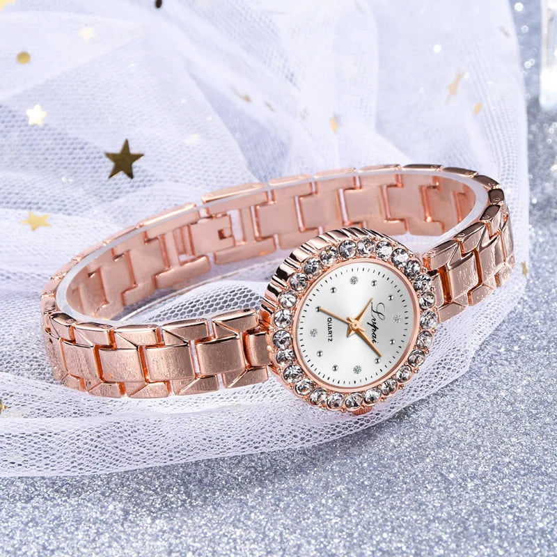 2PCS Set Luxury Alloy Bracelet Quartz Watch with Rhinestone Diamond Dial, Hidden Clasp for Women reloj mujer