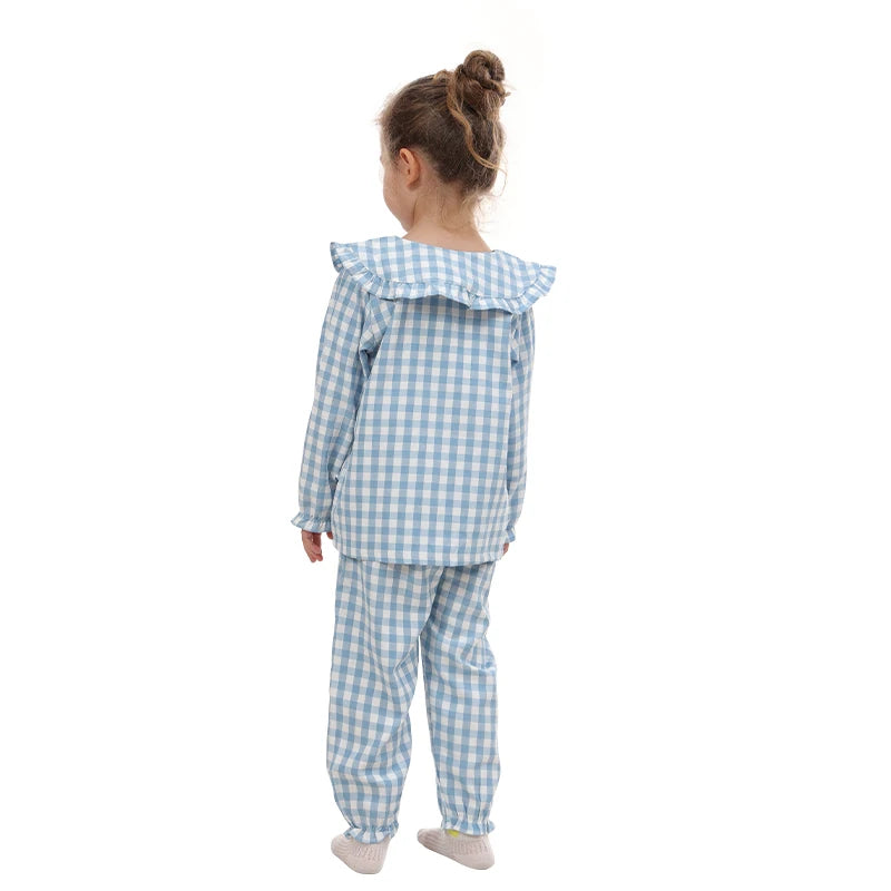 Mudkingdom-Conjunto de pijama para niñas, bonito pijama a cuadros con cuello Peter Pan, ropa para el hogar, pijamas para niños pequeños, pijamas para niñas, ropa de dormir