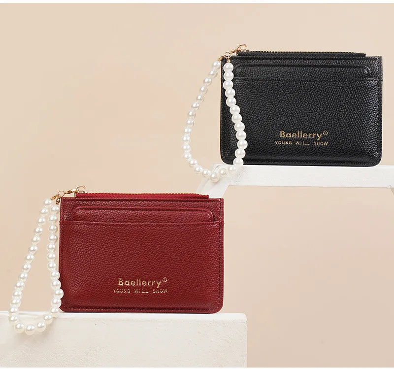 Fashionable Womens Card Case Ins Trend High Class Pearl PU Small Purse
