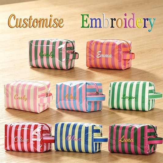Customised Embroidery/Standard Style 2 Options, Striped Handbag, Makeup Storage Bag, Back-to-School Season, Gift!