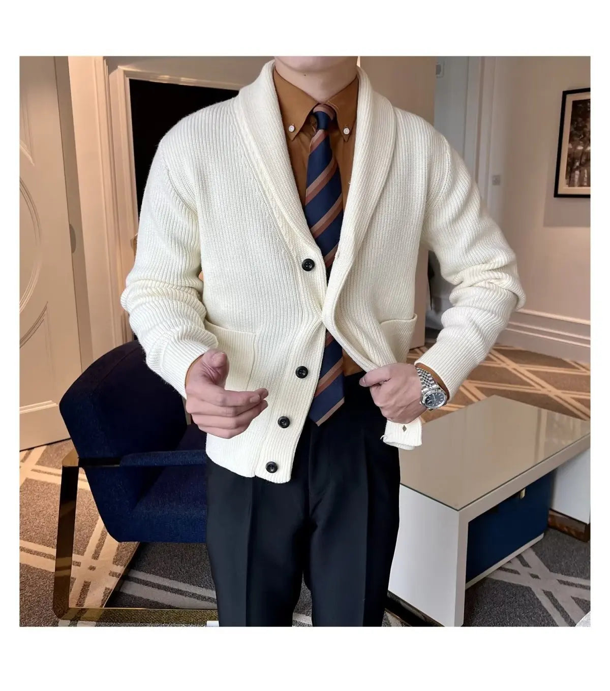 Men's Clothing Cardigan Jacket V Neck Coat Knit Sweater Male Plaid Elegant Casual Long Sleeve 100% Korean 2024 Autumn Classic