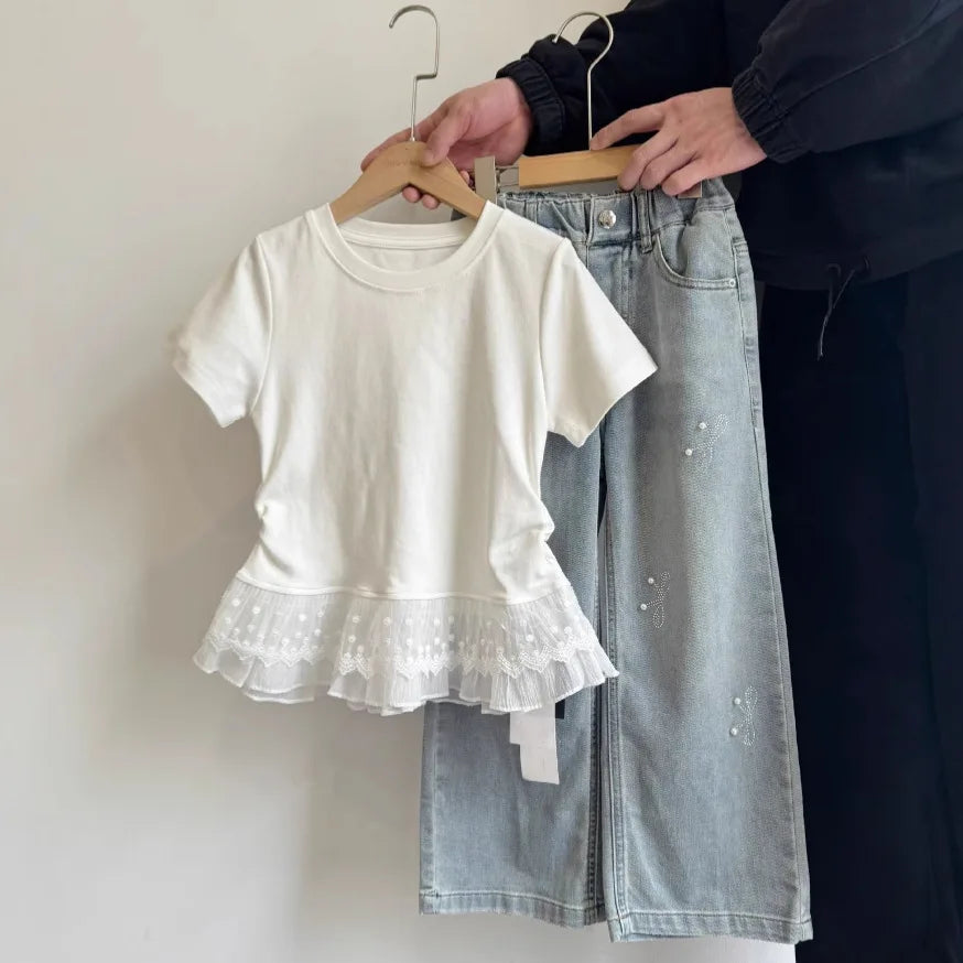 2025 Spring Summer Girls White Tee: Lace Trim Ruffle Short Sleeve Top for 3-14Y Teens Girls T-shirt Versatile Fashion Blouse