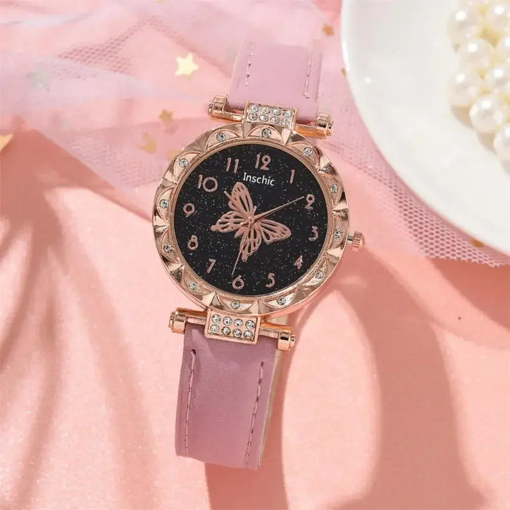 2PCS Set Creative Women Watch Quartz Butterfly Starry Wristwatches Luxury Rhinestone Watches for Ladies Relogios Feminino No Box