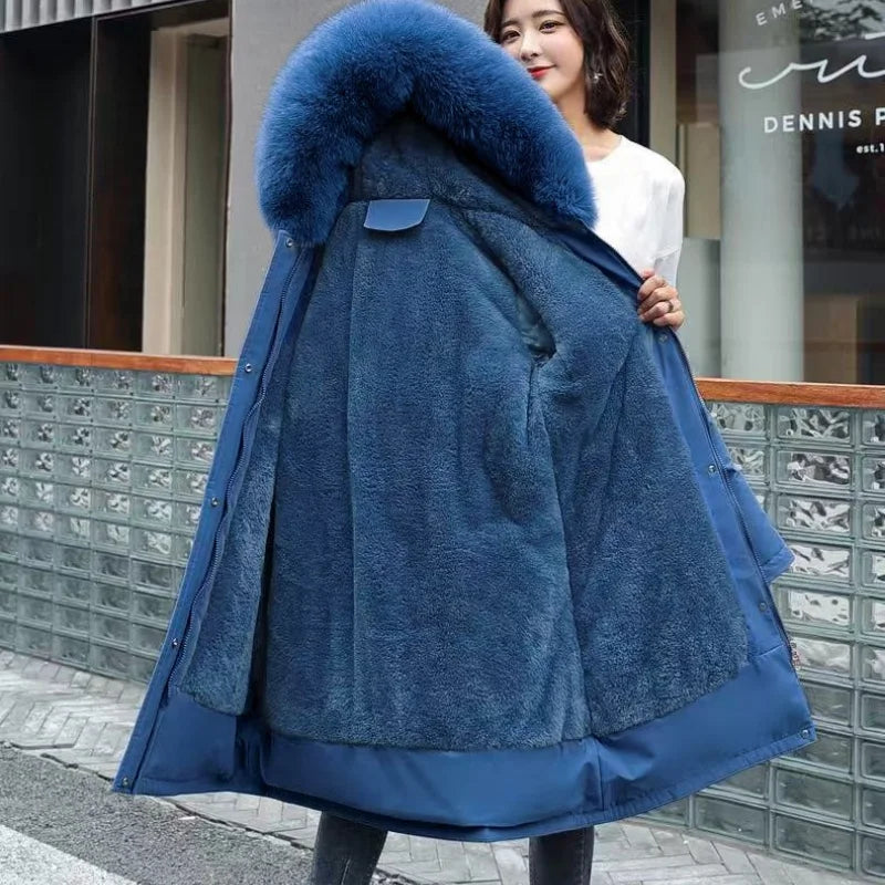 Winter Women Clothes Wool Liner Jacket Casual Thick Parka Fur Collar Long Coat Warm Hooded Snow Wear Padded Solid Colour Jackets