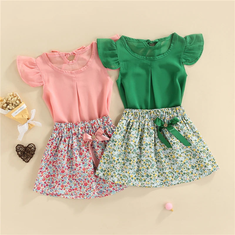 Fashion Toddler Kid Girls Summer Clothing Outfits Fly Sleeve Solid Color T-Shirt Top + Floral Printed Mini Skirt Set