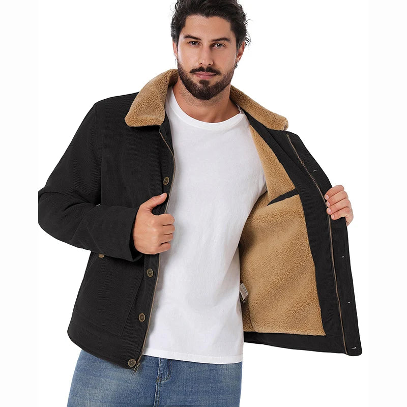 Men's Winter Corduroy Jacket Fleece Warm  Lined Cargo Work Jacket Casual Thick Sherpa Collar Trucker Deck Navy Coats