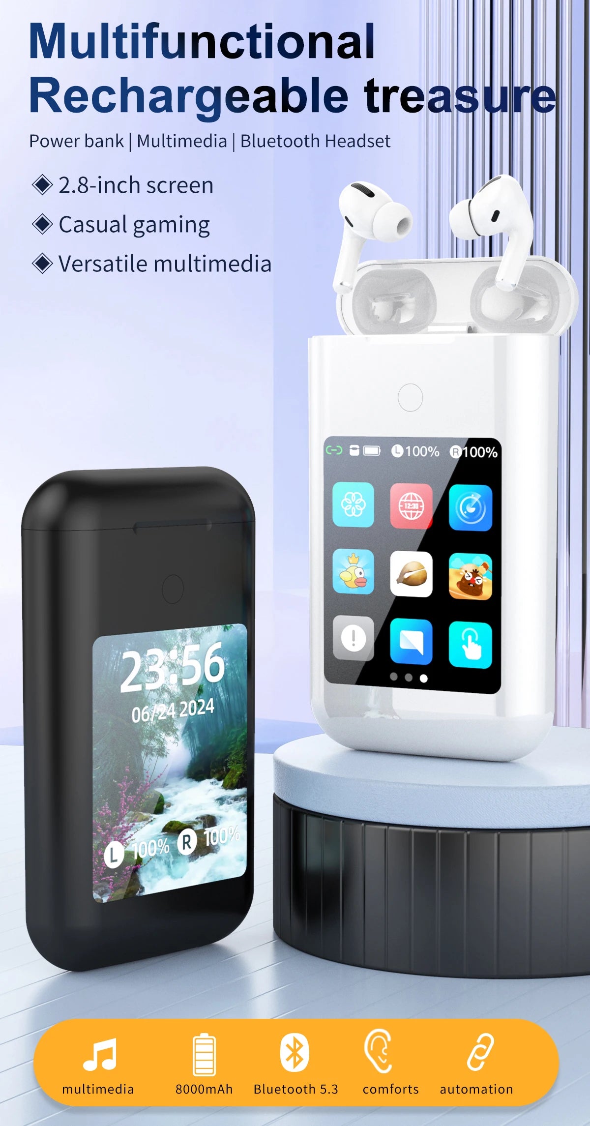 A98 3-in-1 Smart charging bank supports dialing Bluetooth headset 10000mah mobile power supply 2.8screen LCD