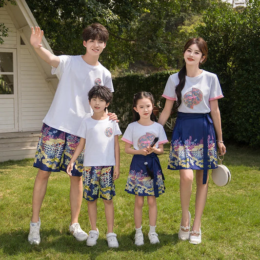 Ropa familiar china Hanfu, camisetas para mamá e hija y niñas, conjuntos de falda con cara de caballo, camisetas tradicionales para papá e hijo, trajes cortos