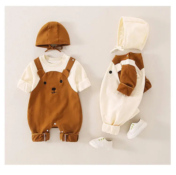 Autumn Baby Clothes Newborn Outfit Super Cute Baby Jumpsuit Contrasting Color Suspenders and Hood Outdoor with Cap