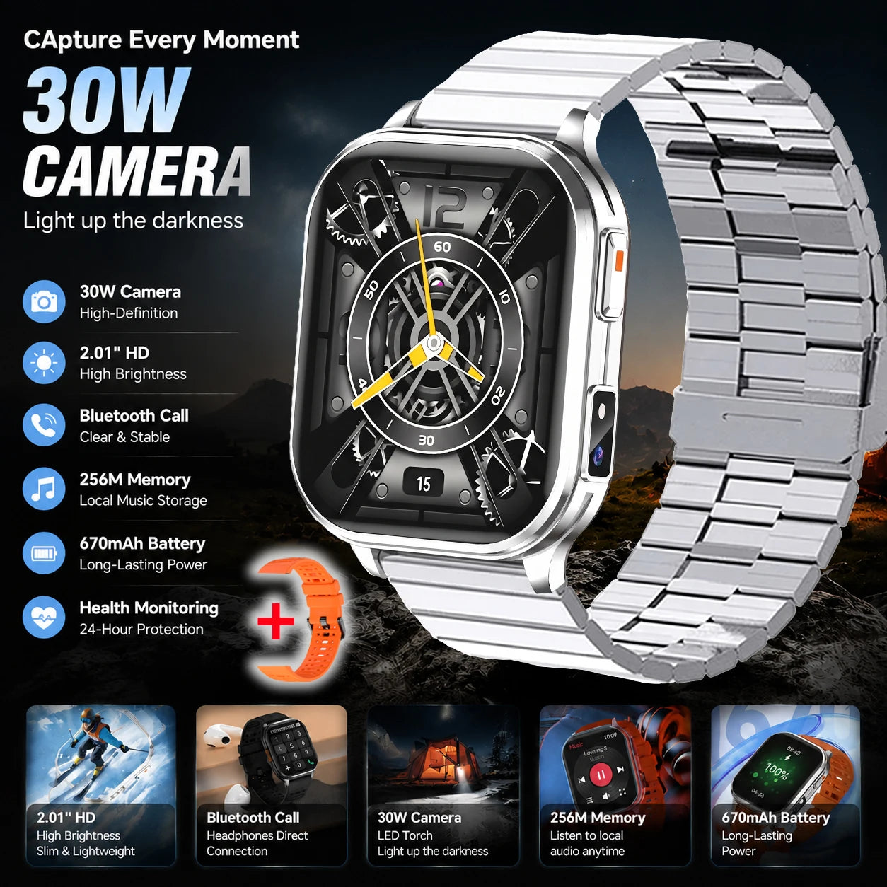 Outdoor Smart Sports Watches 2.01" 30W Camera Take Photo Video Recording Music BT Call Health Sports Mode Waterproof Smart Watch