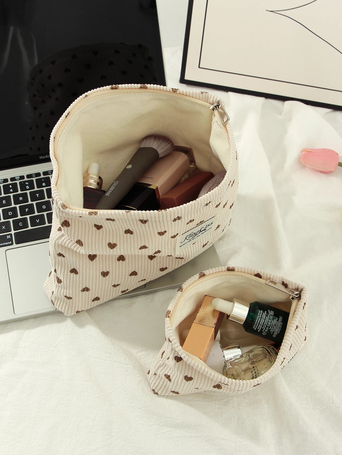 1 piece/set beige heart, bow makeup bag, heart pattern clutch, multifunctional fashion makeup bag, cute makeup brush storage bag
