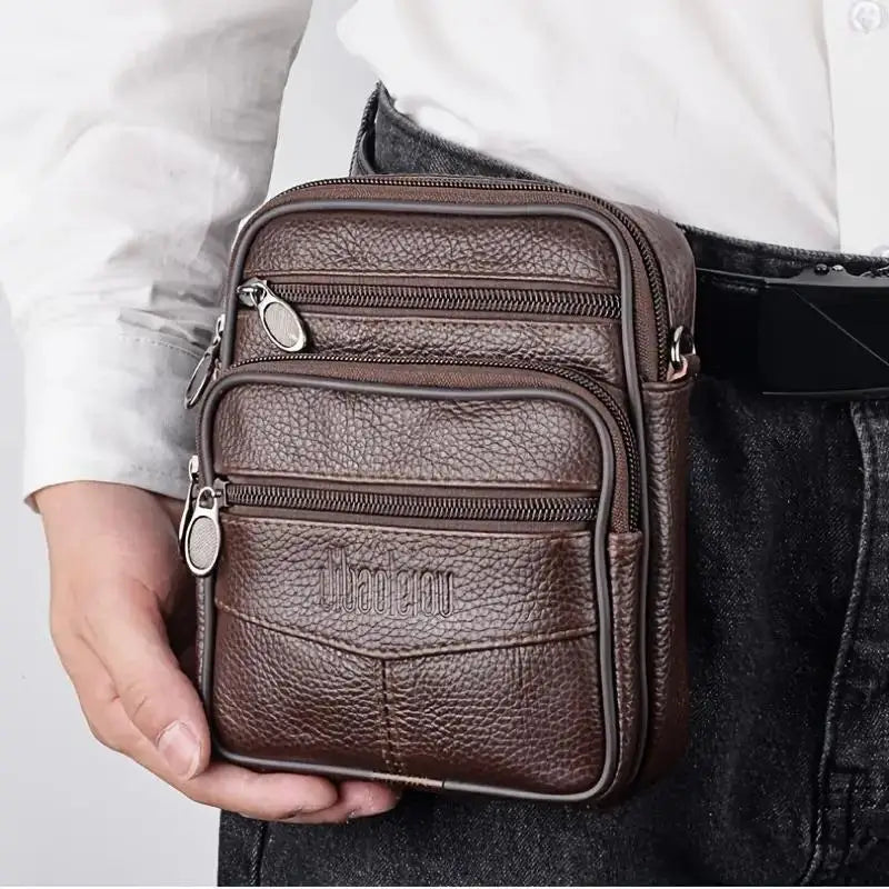 Men’s Genuine Leather Crossbody Bag,Double Zipper Small Shoulder Bag,Compact Multi-Pocket Sling Bag for Everyday Carry