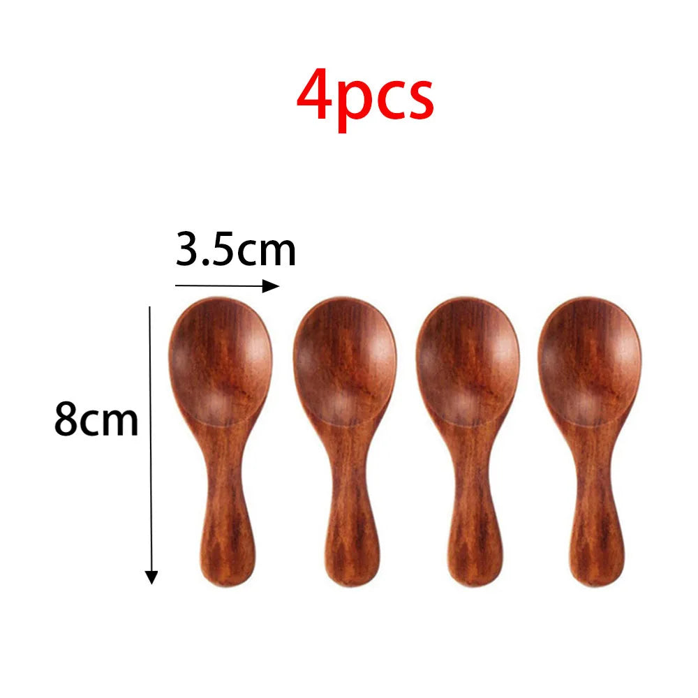 4Pcs Mini Wooden Spoons Small Kitchen Spice Condiment Spoon Sugar Tea Coffee Scoop Short Handle Wood Kids Spoon Kitchen Gadgets
