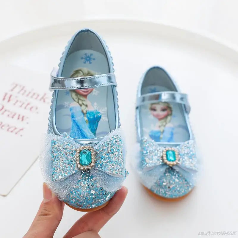 Zapatos de bebé de fondo suave con dibujos de Elsa de Disney, zapatos de princesa para niña, zapatos de cristal congelados, zapatos planos de cuero con flores para niña