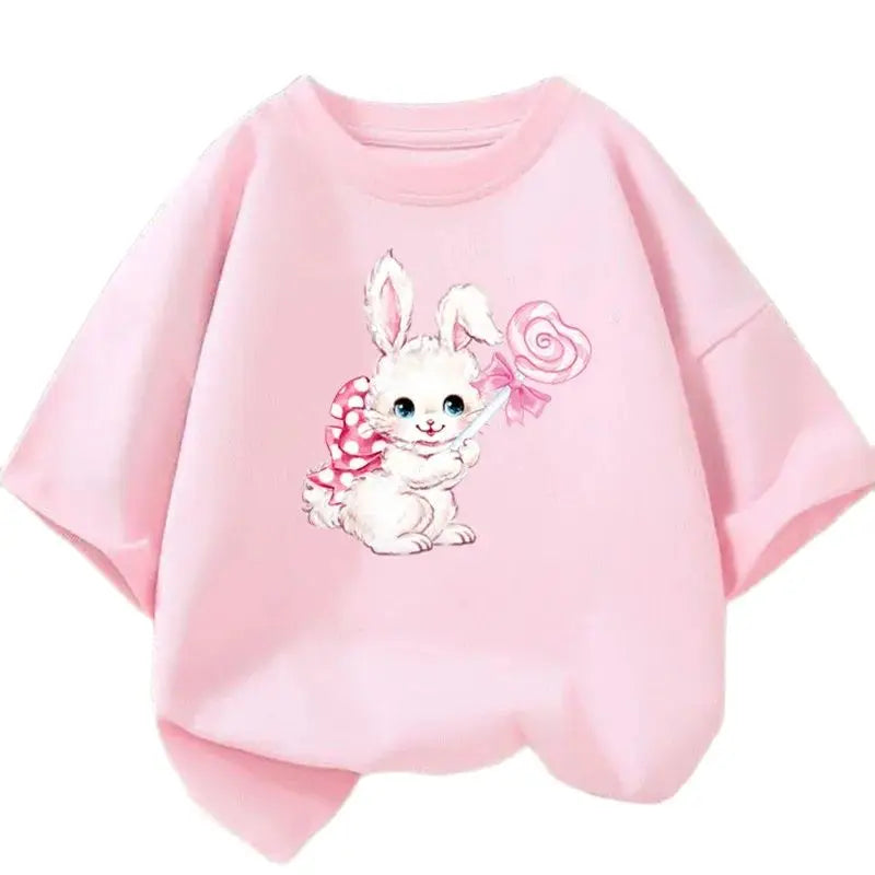 Cute Cartoon Rabbit Lollipop Print T Shirts Student Girls Kawaii Tee High Quality Cotton Summer Short Sleeve Casual Tops