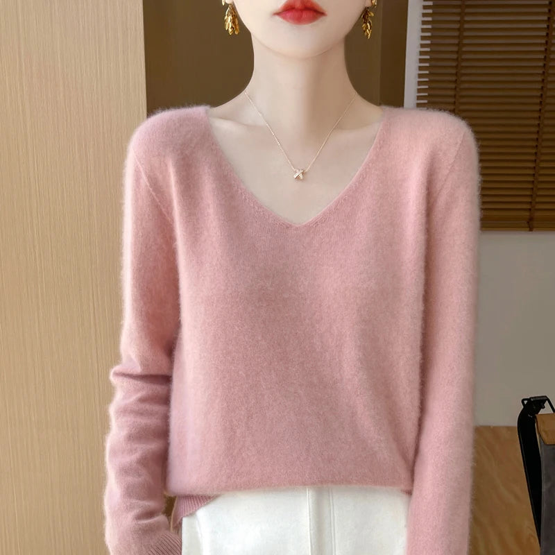 Fashion Pullover 100% Merino Wool Women Sweater V-Neck Long Sleeve Basic Jumper Spring Autumn Winter Clothing Knitwear Tops