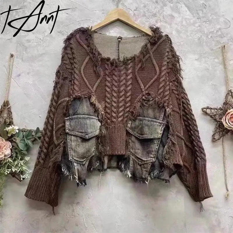 Tannt Women Sweater Patchwork Asymmetry Pullover Knitting Tops Asymmetry Color Matching Loose Long Knitting Sweaters 2025 New