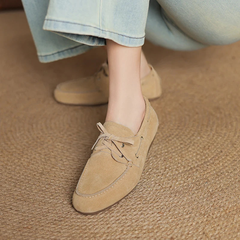 2026 New Spring Genuine Leather Women Shoes Round Toe Women Flats Shoes for Women Retro Lace Up Loafers Fashion Ladies Shoes