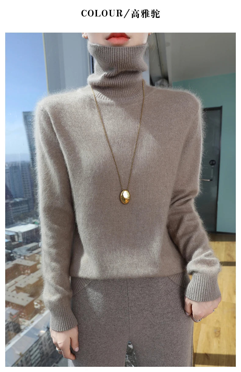 100% Mink Cashmere Top-Lapel Women Sweater Long-sleeves Fashion High-elasticity Sexy Winter Knitted Pullover Girl Tops 2024