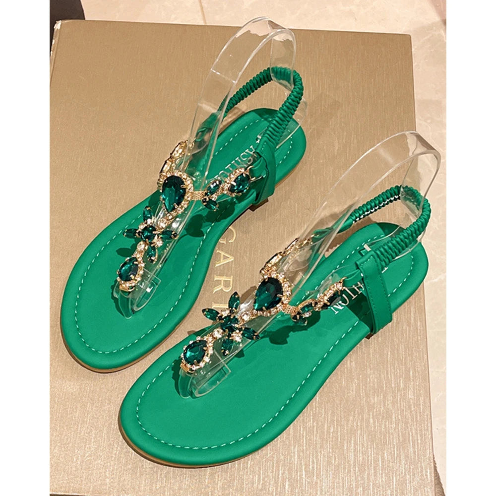Women Bling Gem Stone Toe Post Sandals Outdoor Flats Shoes Summer Back Elastic Strap Going Out Beach White Sandals