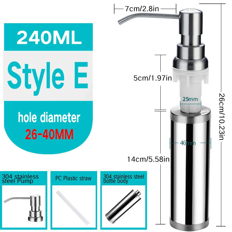 Stainless Steel Sink Soap Dispenser Kitchen Detergent Liquid Soap Dispenser Refillable Hand Press Sink Built-in Bottle