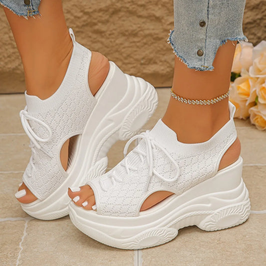 Women Sandals Non-slip Thick-soled Lace-up Casual Shoes for Women Summer Fashion Comfortable Sandals Round-toe Wedge Roman Shoes