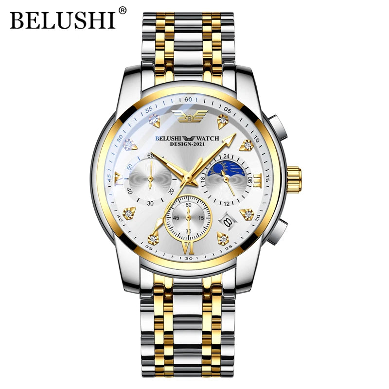 BELUSHI Men Watches Top Brand Luxury Fashion Chronograph Clock Sports Quartz Men Watch Full Steel Waterproof Luminous Wristwatch