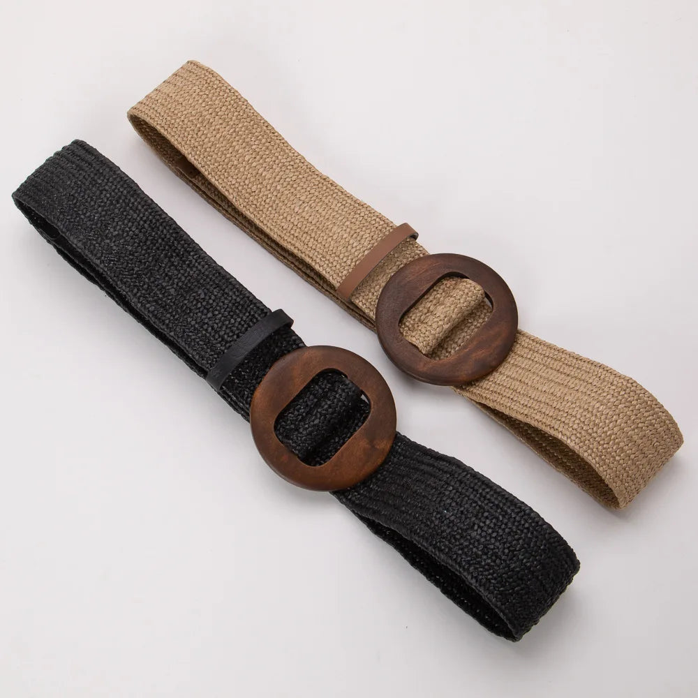 Wooden Buckle Jade Clasp Dress Belt for Women Casual Female Braided Wide Strap Female Designer Woven Girls Elastic PP Straw Belt